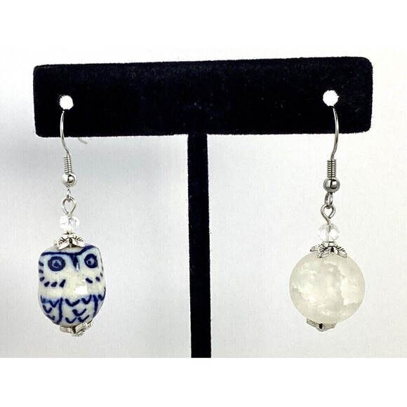 Night Owl Ceramic Bird Crackle Quartz Moon Dangle Earrings - Picture 2 of 7